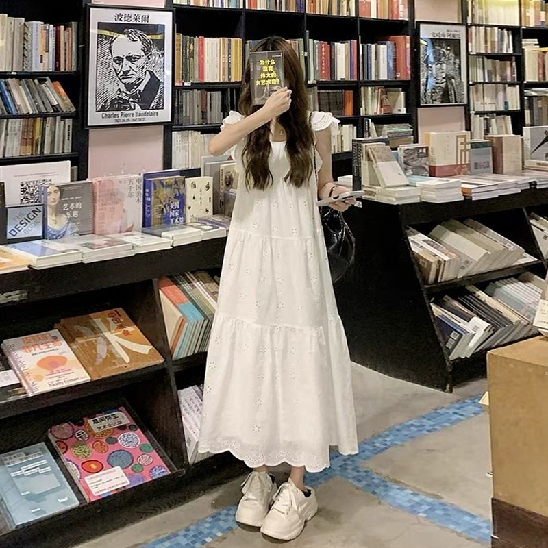 White Embroidered Hollow-Out Dress for Women, Summer Short Flutter Sleeves, Slimming, Elegant, Gentle Style, Vacation Date, Long Tiered Dress White Embroidered Hollow-Out Dress for Women, Summer Short Flutter Sleeves, Slimming, Elegant, Gentle Style, Vacation Date, Long Tiered Dress