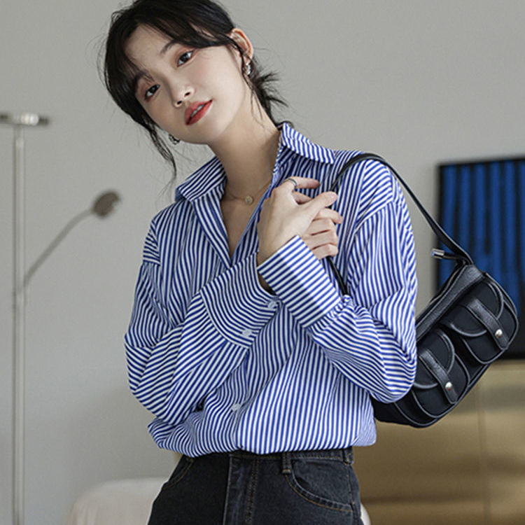 Spring and Autumn Striped Shirt for Women, New Professional Shirt with Unique Design, Versatile Top, Long Sleeve Polo Collar Base Shirt