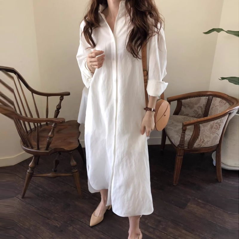 Plus-Size Women's Long-Sleeved White Shirt, New Spring and Autumn Style, Loose Design, Niche Long Over-The-Knee Shirt Dress