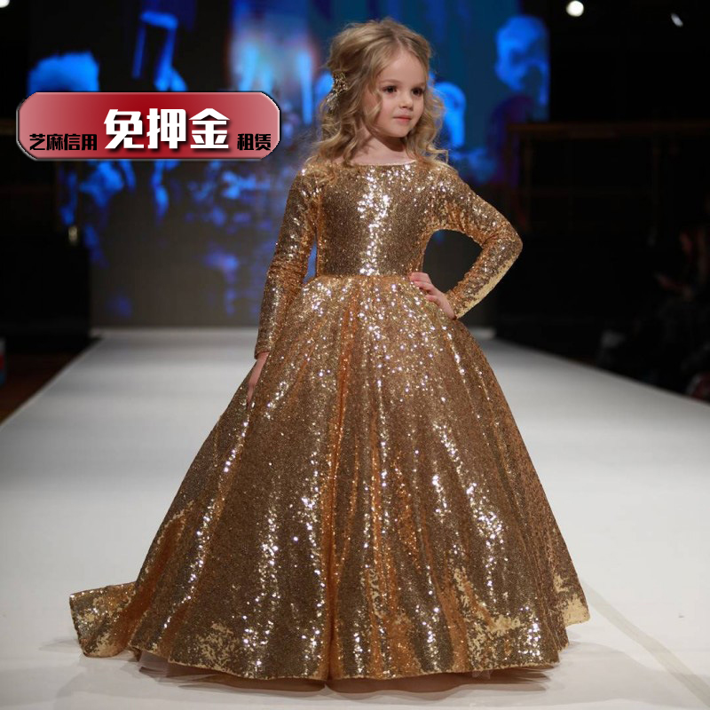 Child model catwalk golden shiny dress rental girl little host sequins long-sleeved fashion dress rental NL48