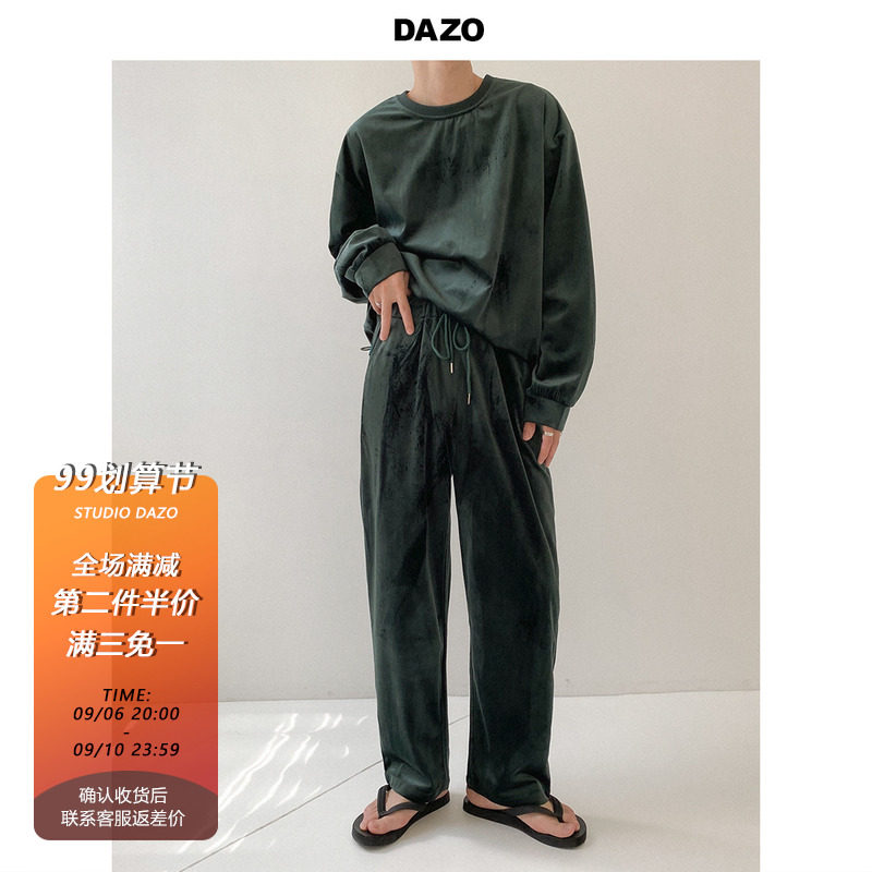 DAZO spring and autumn round neck pullover thick cotton T suit men's casual home velvet pajamas two-piece Korean trend