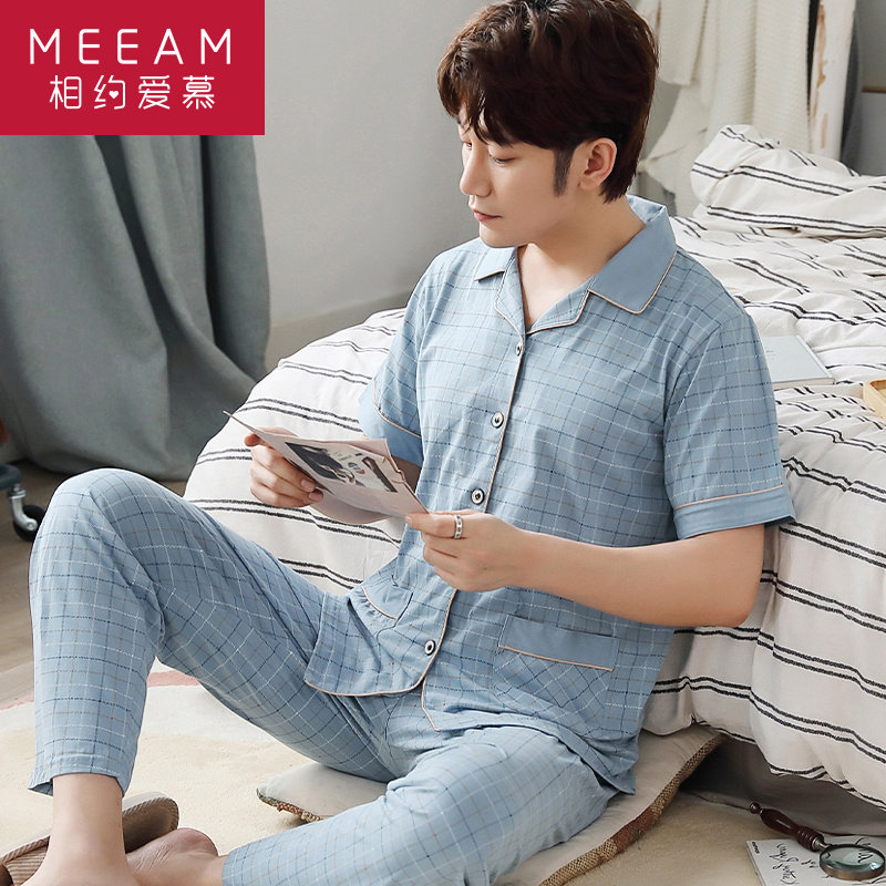 Men's pajamas summer thin cotton short-sleeved trousers cardigan Spring and autumn cotton summer home wear two sets