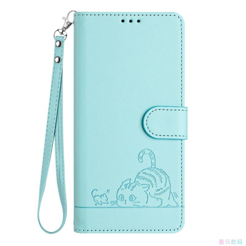 Light Green Cat-Themed Phone Case Suitable for Galaxy A13/A23/A33/A53 5g Samsung Flip Phone with Long Lanyard A12/A22/A32/A42/A52/A72 Crossbody Leather Protective Case Phone Cover