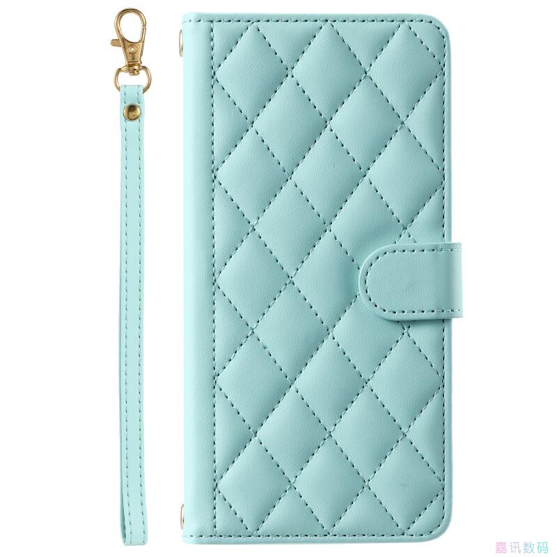 Rhombus-Shaped Light Green Suitable for Galaxy S24/S23/S22/S21/S20 Ultra/Plus+/Fe Samsung Flip Phone Case with Long Lanyard S10/S9/S8/S7 Crossbody Neck Strap Leather Case