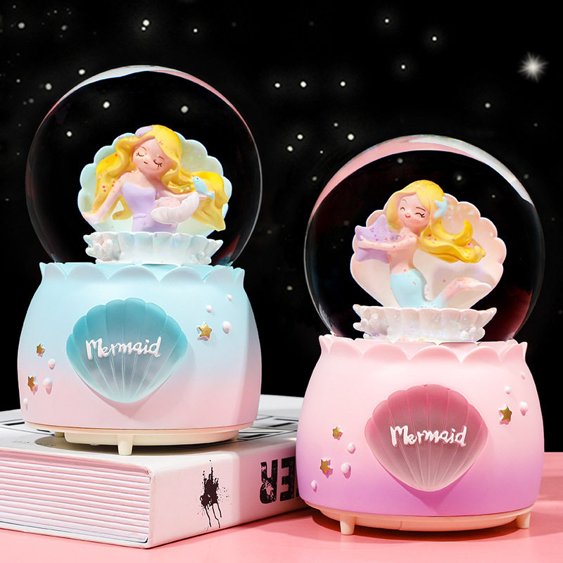 Creative lanterns floating snowflakes rotating mermaid shell glass crystal ball music box girls children's birthday gifts