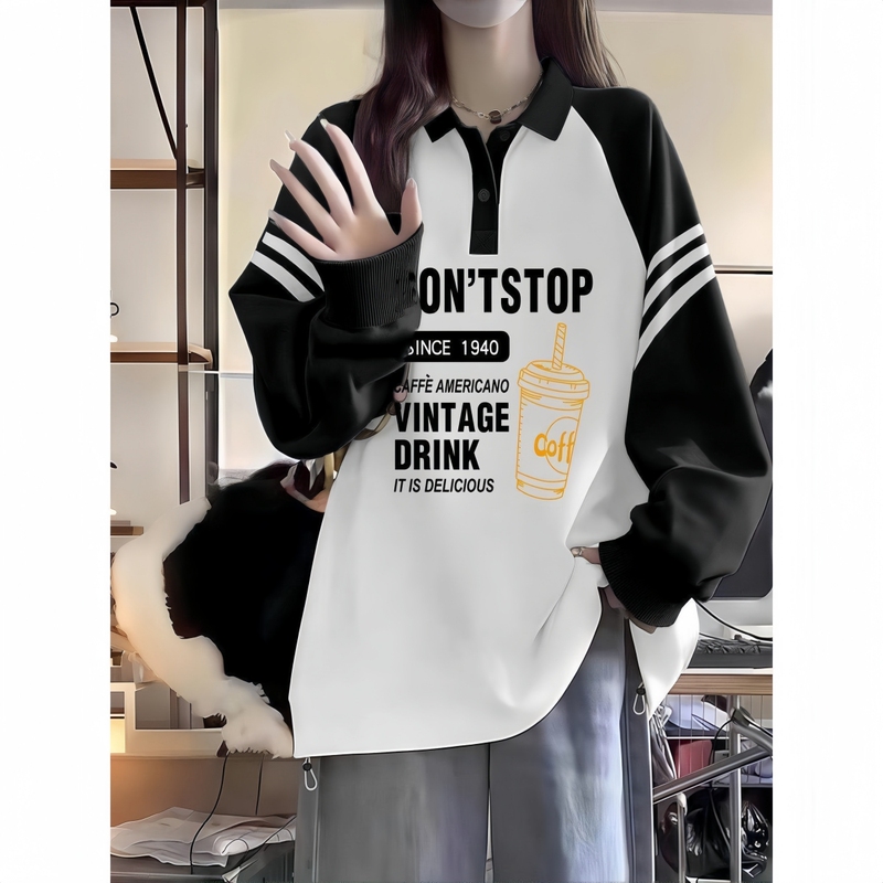 College Style Polo Collar Sweatshirt for Girls, Spring and Autumn 2026 New Model, Loose Pure Cotton Top for Middle and High School Students, Size 15
