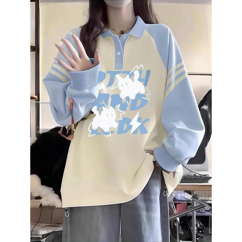 Girls' Big Kids' Blue Polo Collar Sweatshirt, Spring and Autumn 2026 New Style, Loose Fit Turn-Down Collar Top for Middle and High School Students