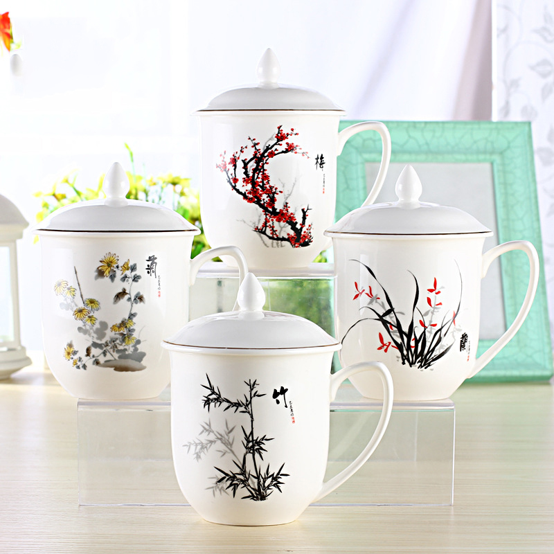 (4pcs)Meilan Bamboo Chrysanthemum Ceramic Teacup with lid Office Conference Cup Household Water Cup Cup Set