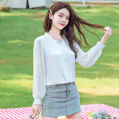 Real shot 9501 early autumn new lace chiffon shirt blouse age reduced pleated sleeve fairy Fan Yang pie small shirt Super fairy