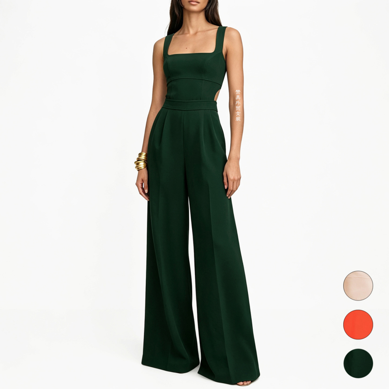 Rs British Fashion Style Tall Goddess Solid Color Commuter Square Neck Strapless Backless High-Waisted Long Wide-Leg Jumpsuit