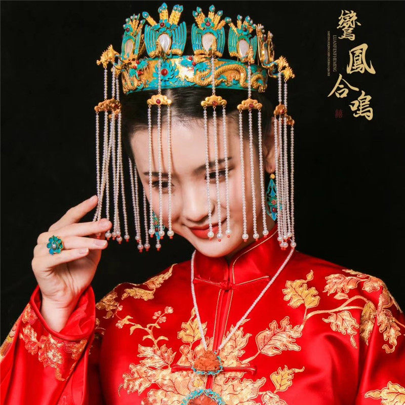 Huffin wedding dress with small bird peony handmade disc gold embroidery Su embroidery Show and Chinese style wedding dress front and back horse face dress