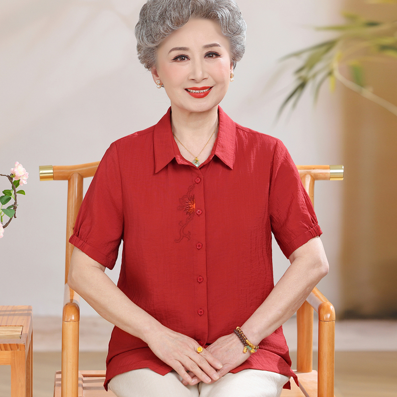 2026 New Style Grandma's Summer Short-Sleeved Square-Neck Thin Shirt, Middle-Aged and Elderly Women's Shirt, Old Lady's Top