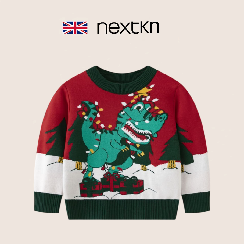 British Next European and American Cartoon Dinosaur Christmas Sweater for Boys, Autumn and Winter Children's Baby New Year Base Knitwear