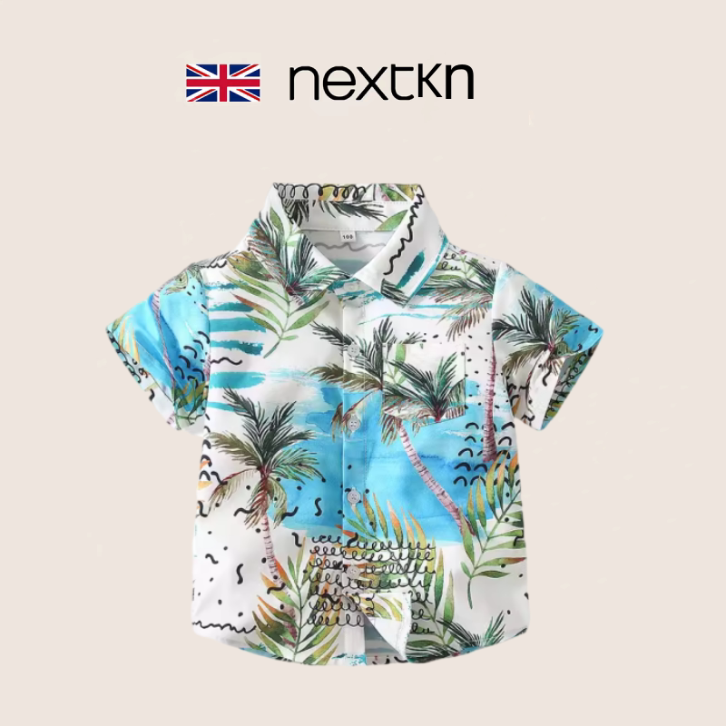 British Next Boys' Cool Vacation Style Short-Sleeved Shirt Hawaiian Beach Kidsren's Coconut Tree Casual Summer Shirt