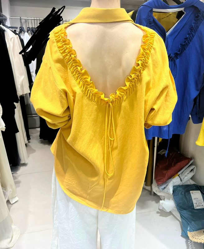 Magee Elegant Cut Out Strap Backless Silk Tencel Linen Shirt Women's Spring Loose Lazy Lapel Long-Sleeved Shirt