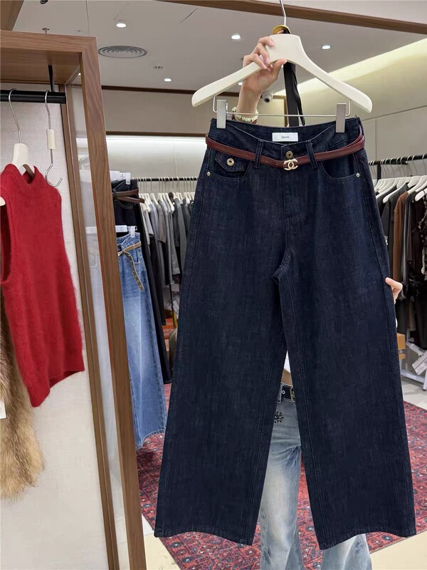 Emoni66261 Autumn Fashion High-Quality High-Waisted Slimming Jeans with Back Pocket Design and Belt, Straight-Leg Wide-Leg Pants