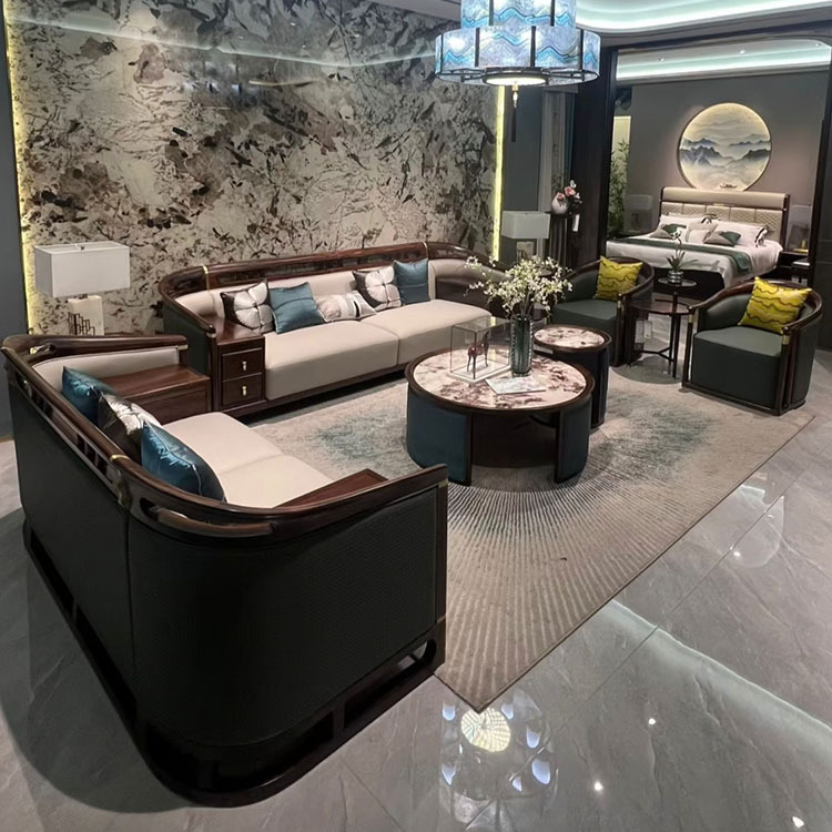 New Chinese-Style Solid Wood Sofa Set, Modern Light Luxury, Simple Living Room, Large Apartment, Zen-Style Villa, High-End Sandalwood Furniture