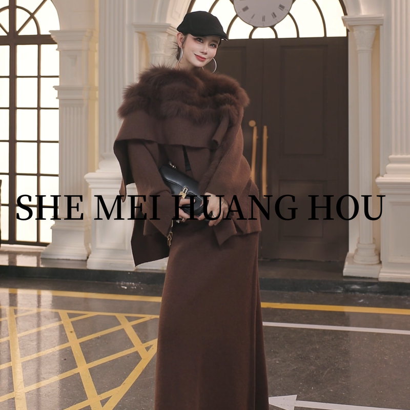 【Xiaoli】 "Athena Goddess" Original Design Fox Fur Wool Knitted Shawl Set 2672