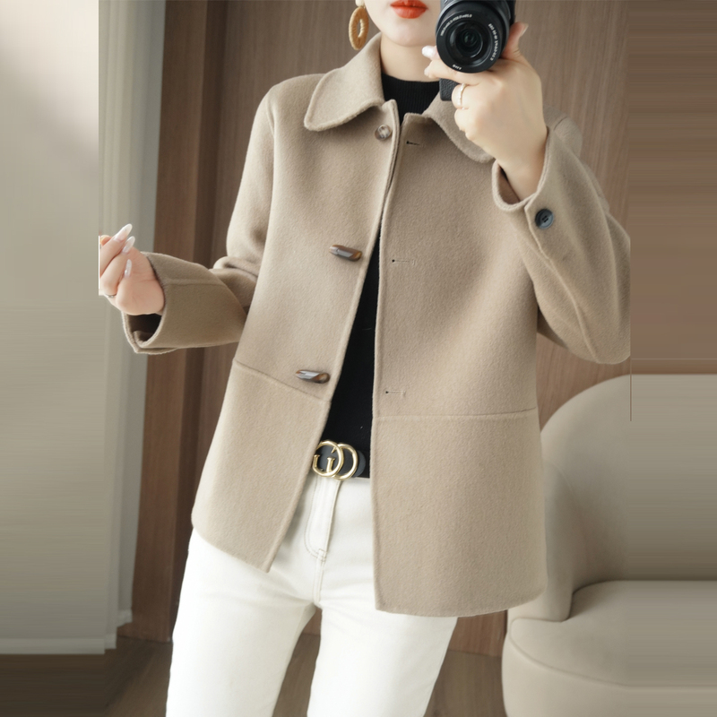 High-End Double-Sided Zero-Cashmere Coat for Women, Short Style, New Autumn and Winter Model, Loose Fit, Slimming Woolen Coat for Petite Figures