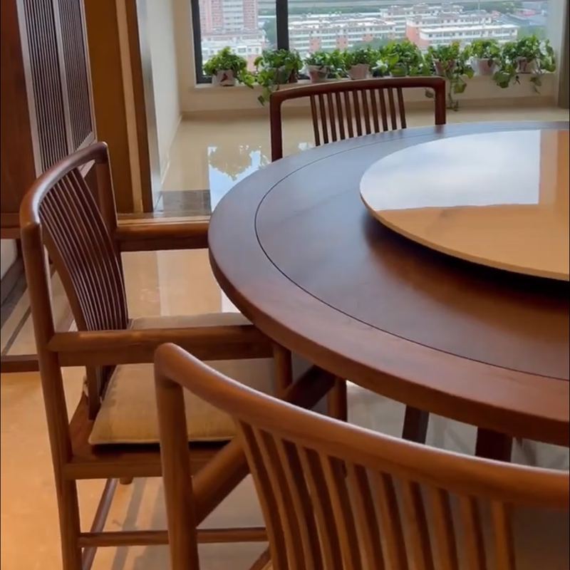 New Chinese-Style Ebony Wood Dining Table with Rock Slab Turntable and Upholstered Chair Set, Modern Solid Wood Dining Table and Chair Set for Home Use