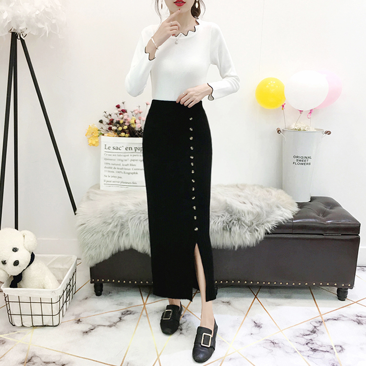 Mùa xuân và mùa thu Váy Hàn Quốc Slim Solid Màu dài Váy len dệt kim Bút chì Một bước Nút Chia Bib Váy Váy mẫu chân váy xòe