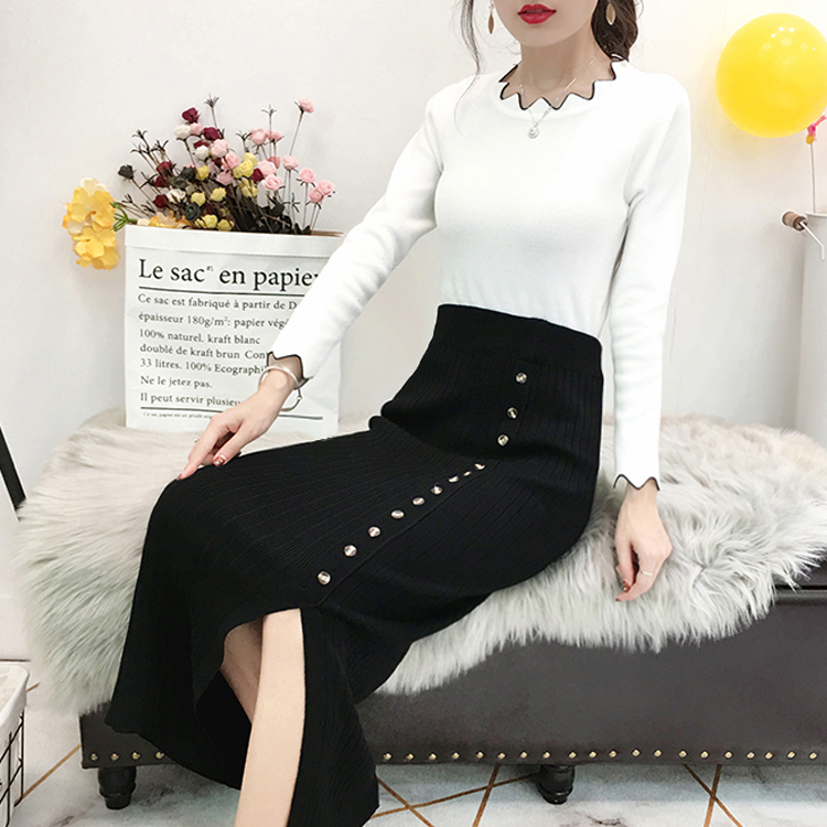 Mùa xuân và mùa thu Váy Hàn Quốc Slim Solid Màu dài Váy len dệt kim Bút chì Một bước Nút Chia Bib Váy Váy mẫu chân váy xòe