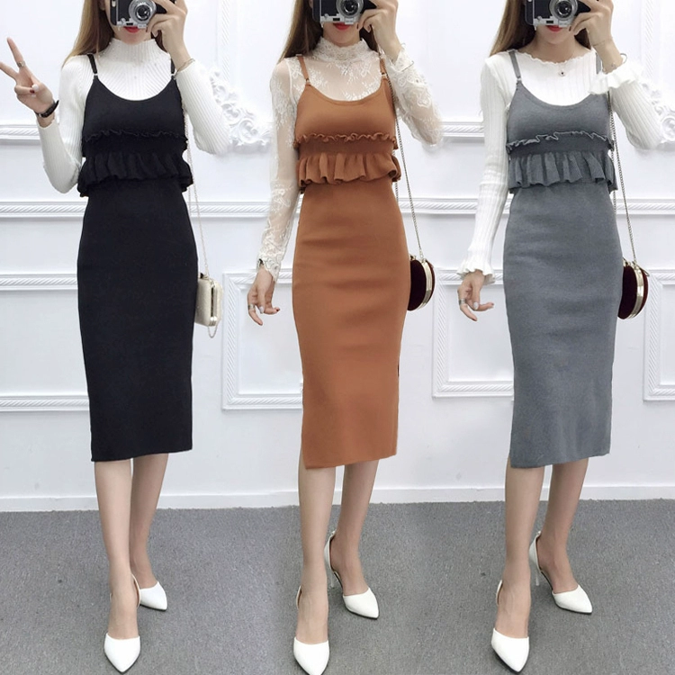 2021 mùa xuân mới thời trang mỏng không tay váy vest mới váy eo cao nữ váy dệt kim dây treo nửa chiều dài - Sản phẩm HOT