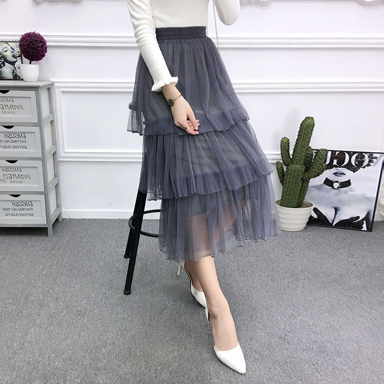 Ba lớp nhiều lớp váy bánh váy xếp li lưới váy eo cao chic cổ tích váy dài mô hình 2018 mới chân váy xòe dài