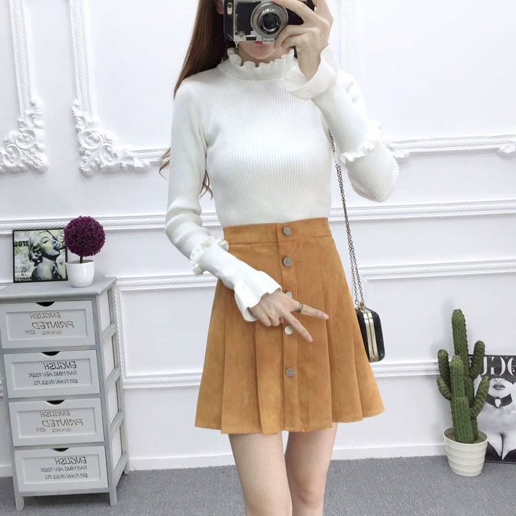 Mùa thu đông mới phiên bản Hàn Quốc của cổng gió hic deerskin eo cao xếp li váy nữ sinh viên mỏng một chữ váy ngắn chân váy caro dài