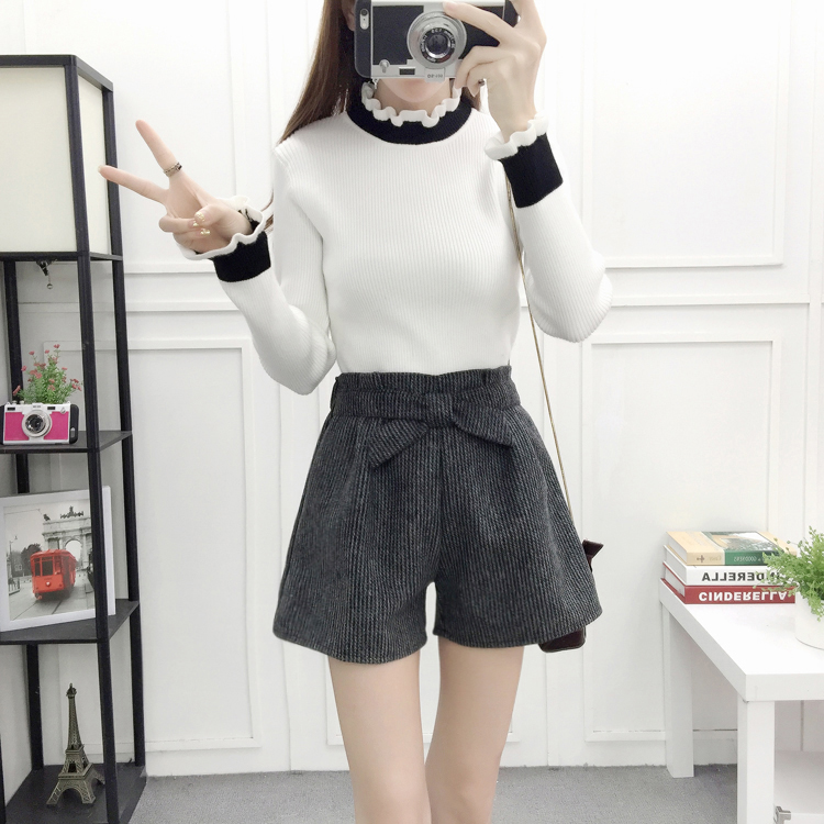 2018 quần short len ​​nữ mùa thu đông mới một từ quần ống rộng phiên bản Hàn Quốc là quần lửng thắt nơ hoang quần short nữ