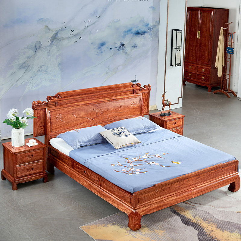Red Wood Large Bed New Chinese Flower Pear Wood 1 8 m Double Bed 1 5 m Storage Hedgehog Purple Sandalwood Simple Furniture