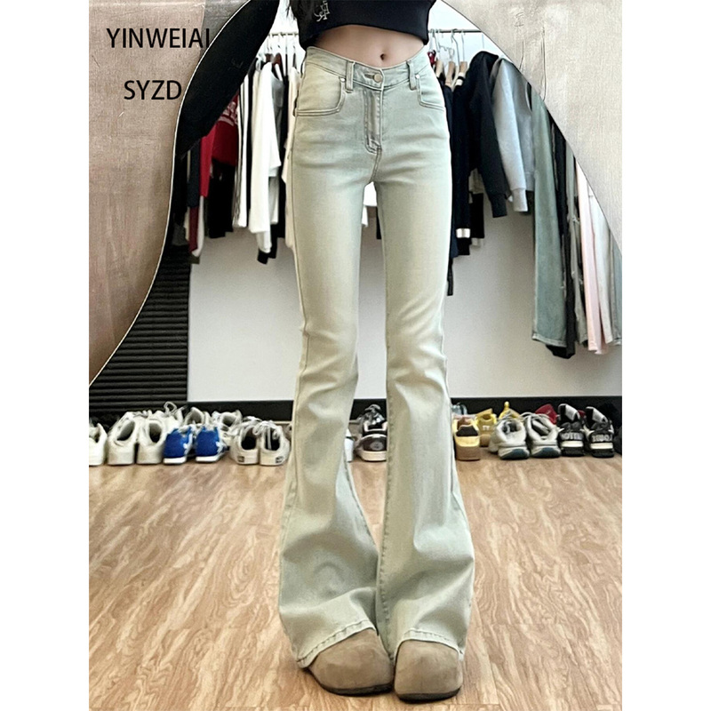 175 Tall Women's Extended Light Blue V-Waist Flared Jeans, Spring and Summer Style, Low-Waist Slim Fit, Flattering Bootcut Pants