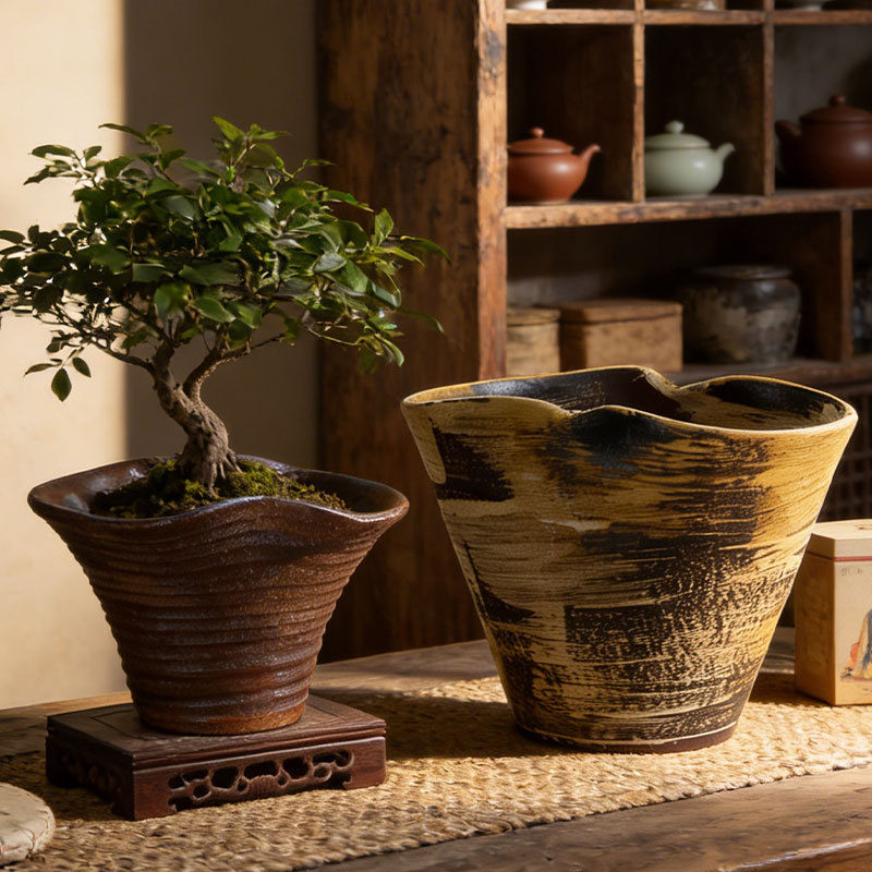 Jingdezhen Ceramic Vase, Handmade Flower Vessel, Vintage Zen Style, Large-Mouthed Flower Pot, Serene Style, Home-Use, Antique High-End Ornament