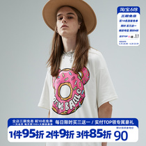 HTCU Tide Cards Cartoon Doughnut Small Bear Short Sleeves Ins Cute Hip-hop Lovers Loose T-shirt Men And Women Shiny Bricks