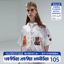 HTCU20ss Cartoon Doll Small Bear Coconut Tree Shirt Short Sleeve Summer Hip Hop Lovers Open Shirts Loose T-Shirt Lining