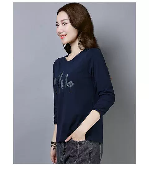 Áo thun dài tay nữ cotton trung niên mùa thu 2018 mới to béo mm rộng size áo sơ mi rộng đáy hoang dã áo thun trung niên