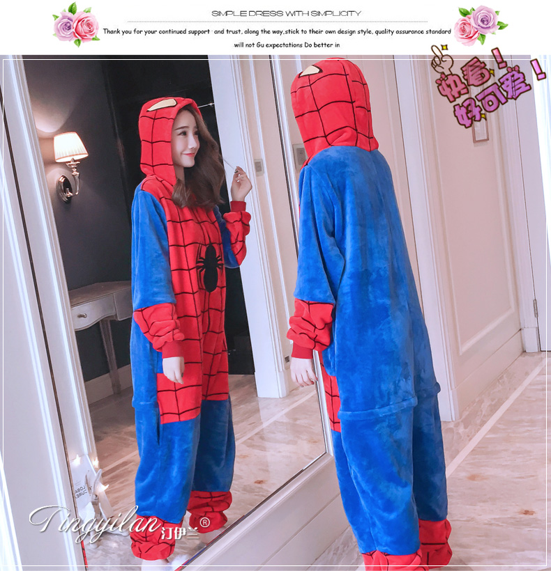 Mùa đông flannel động vật đồ ngủ một mảnh nam và nữ người nhện dịch vụ nhà vệ sinh phiên bản căn hộ dễ thương đồ ngủ nữ quần áo ngắn