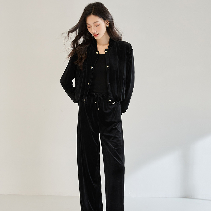 26 Spring New Velvet Bomber Jacket + Casual Trousers Set
