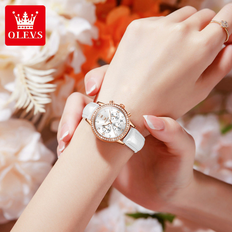 Liu Shishi's Same Style Watch for Women, Fully Automatic Multi-Function Three-Eye Women's Watch, Famous Brand Mechanical Leather Strap Quartz Waterproof