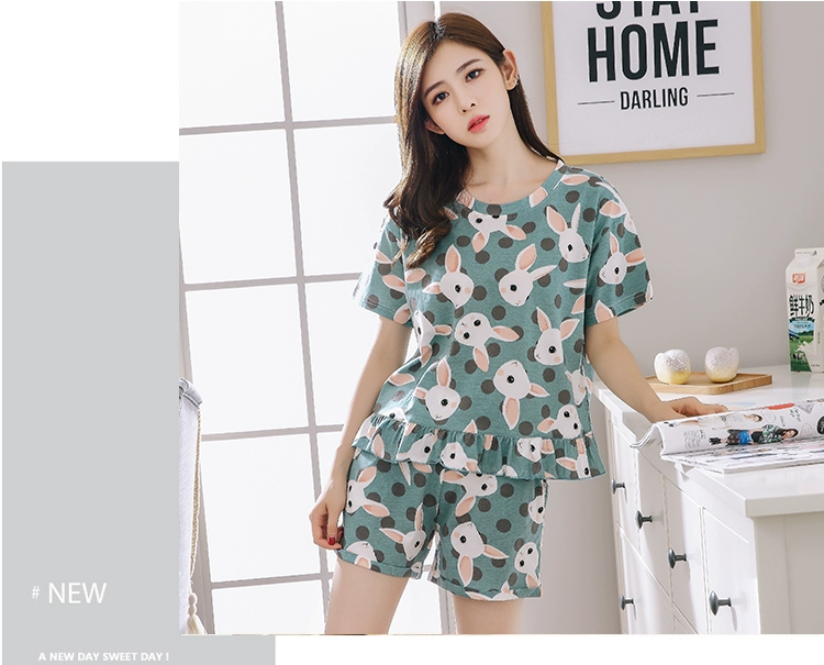 Đồ ngủ nữ mùa hè cotton tinh khiết mỏng ngắn tay phong cách phương tây 2020 mới hợp thời trang băng lụa mùa hè hai mảnh phục vụ tại nhà - Giống cái