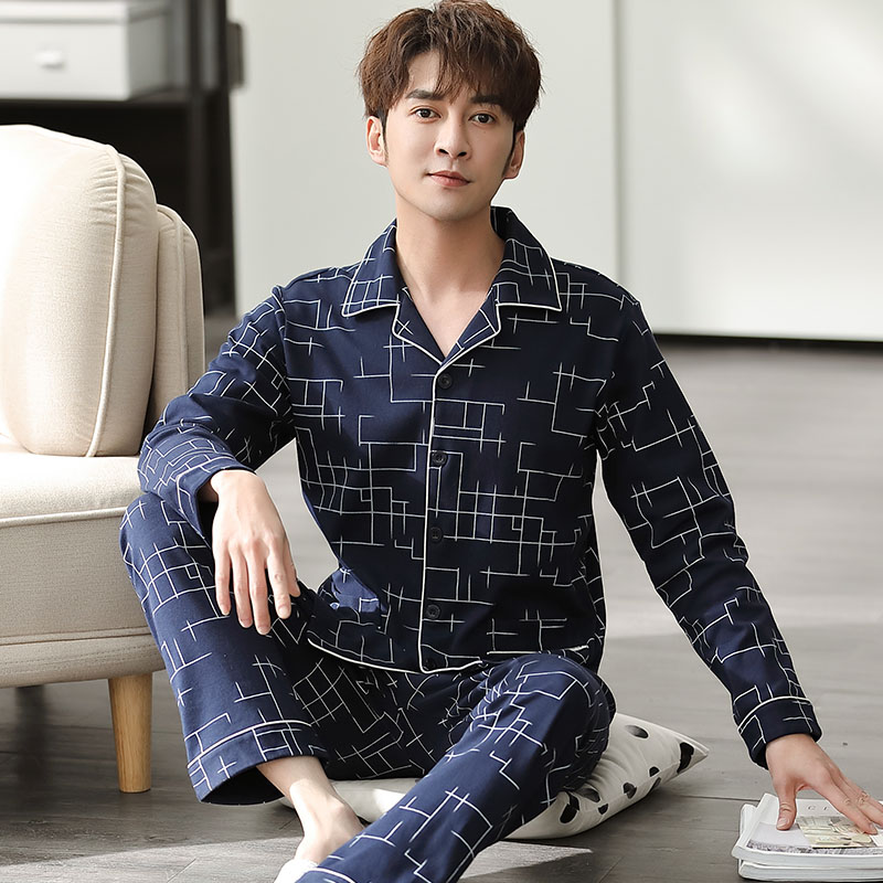 Pyjama nam mùa xuân và mùa thu bông trung niên tăng có thể mặc quần áo dài tay mens hai mảnh quần áo mùa đông nhà.