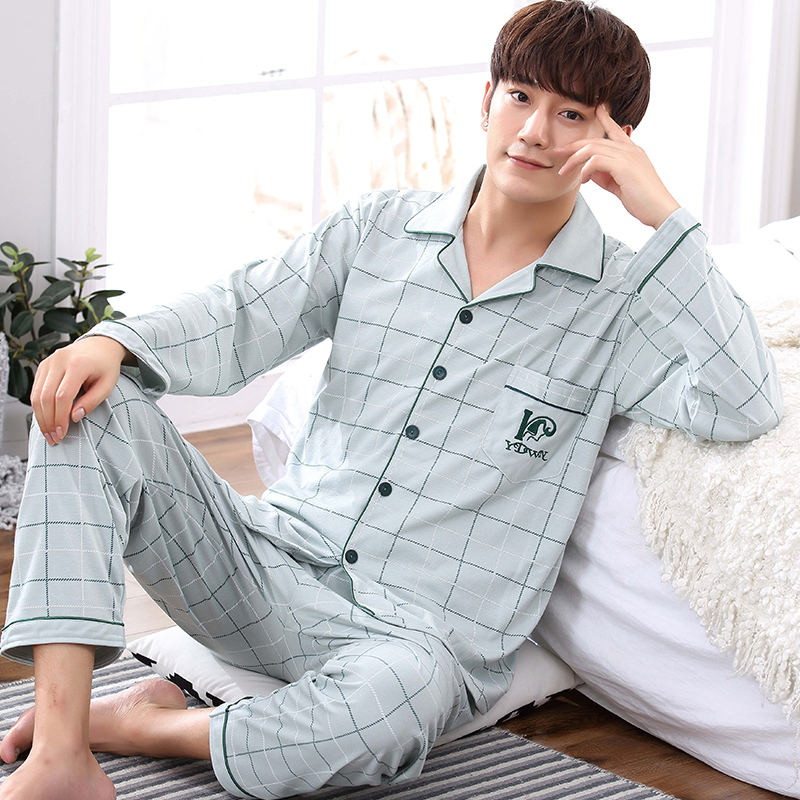 Pyjama nam mùa xuân và mùa thu bông trung niên tăng có thể mặc quần áo dài tay mens hai mảnh quần áo mùa đông nhà.