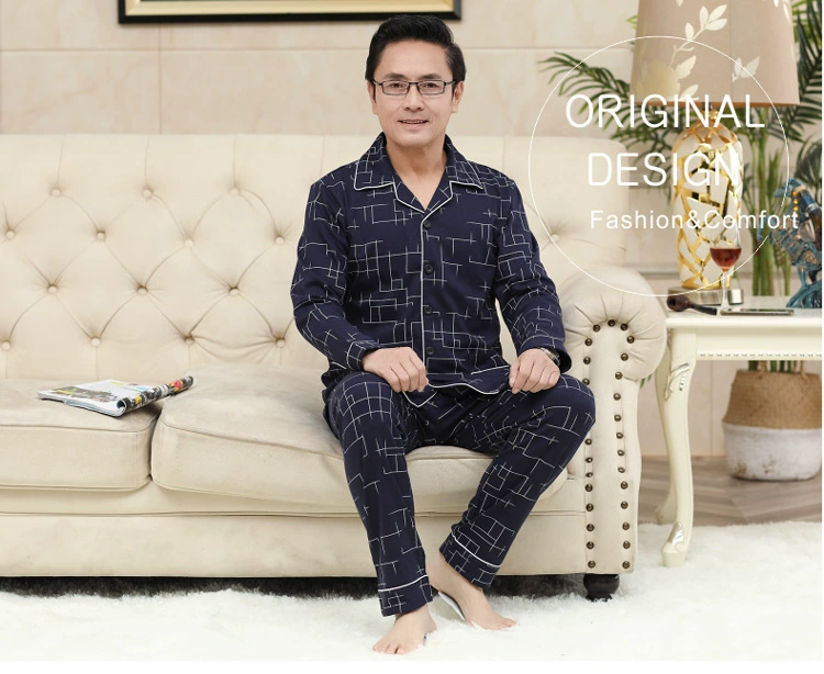 Bộ đồ ngủ nam mùa xuân và mùa thu cotton tinh khiết dài tay bố trung niên mùa hè có thể mặc quần áo ở nhà cotton cho người trung niên và cao tuổi - Bên ngoài ăn mặc