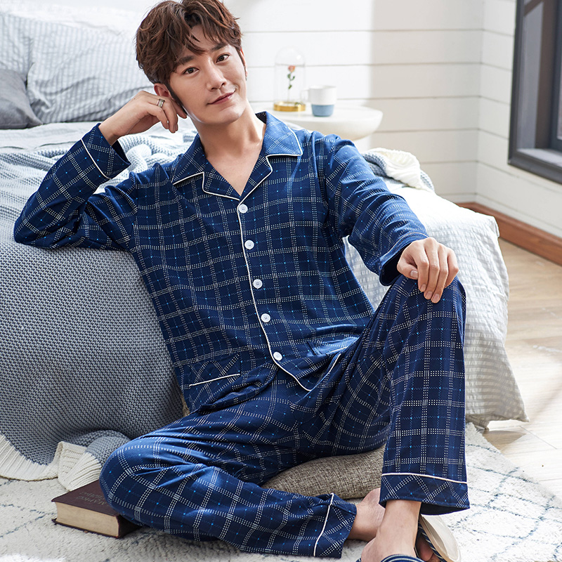 Pyjama nam mùa xuân và mùa thu bông trung niên tăng có thể mặc quần áo dài tay mens hai mảnh quần áo mùa đông nhà.