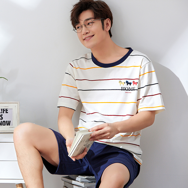 Bộ đồ ngủ Mens Summer trẻ bông Slim ngắn tay đơn giản Casual Shorts Hai mảnh Home Mang mùa hè.