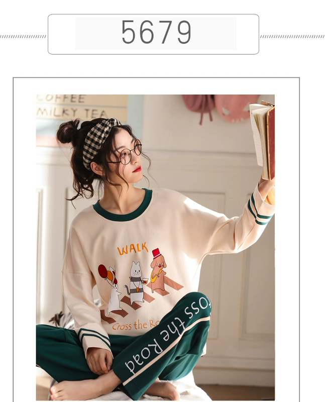 Bộ đồ ngủ nữ bằng vải cotton mùa xuân và mùa thu dài tay phiên bản Hàn Quốc của bộ đồ hai mảnh công chúa Fengyue có thể mặc bên ngoài dịch vụ gia đình