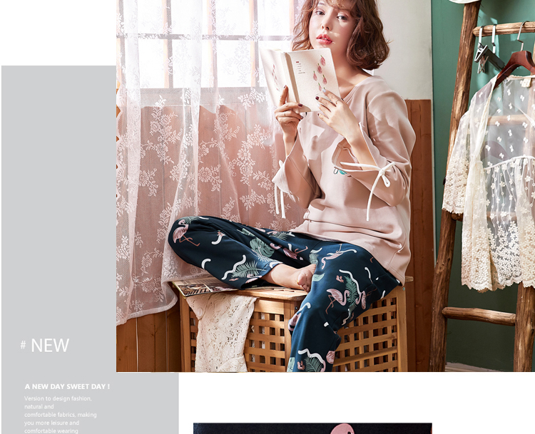 Bộ đồ ngủ gió nữ mùa thu mỏng phần cotton dài tay có thể mặc bên ngoài mùa hè flamingo dịch vụ nhà mùa xuân và mùa thu đồ bộ bé gái
