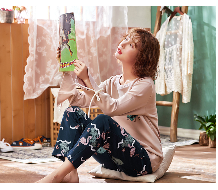 Bộ đồ ngủ gió nữ mùa thu mỏng phần cotton dài tay có thể mặc bên ngoài mùa hè flamingo dịch vụ nhà mùa xuân và mùa thu đồ bộ bé gái