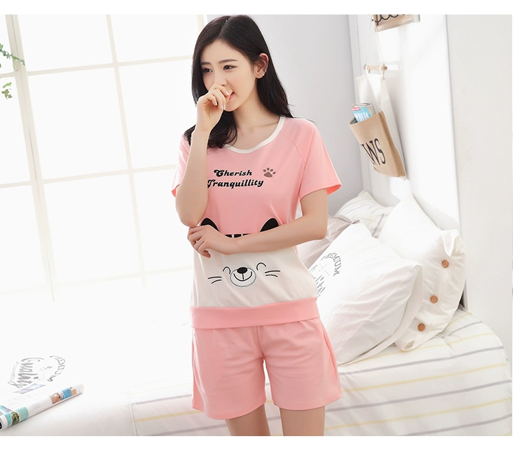 Bộ đồ ngủ nữ mùa hè ngắn tay cotton hai mảnh phù hợp với mùa hè phiên bản Hàn Quốc lỏng lẻo dễ thương học sinh tươi có thể mặc những kiểu đồ bộ dễ thương