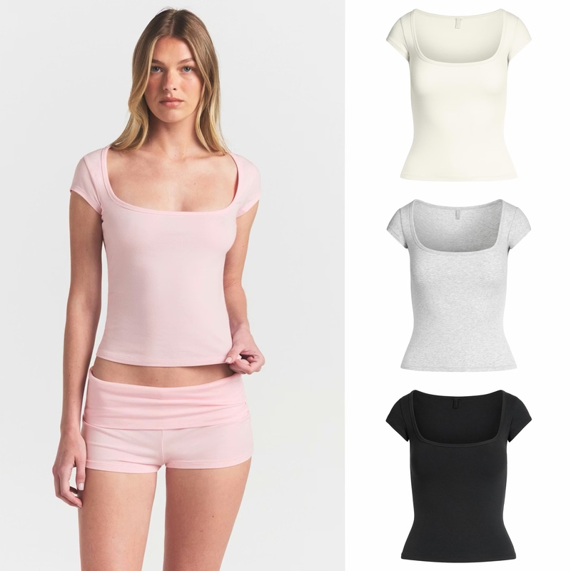 In Stock New Color Skims Cotton Jersey Scoop T-Shirt Cotton Crew Neck French Short-Sleeve T-Shirt